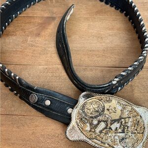 Black Leather Belt with Gold Buckle